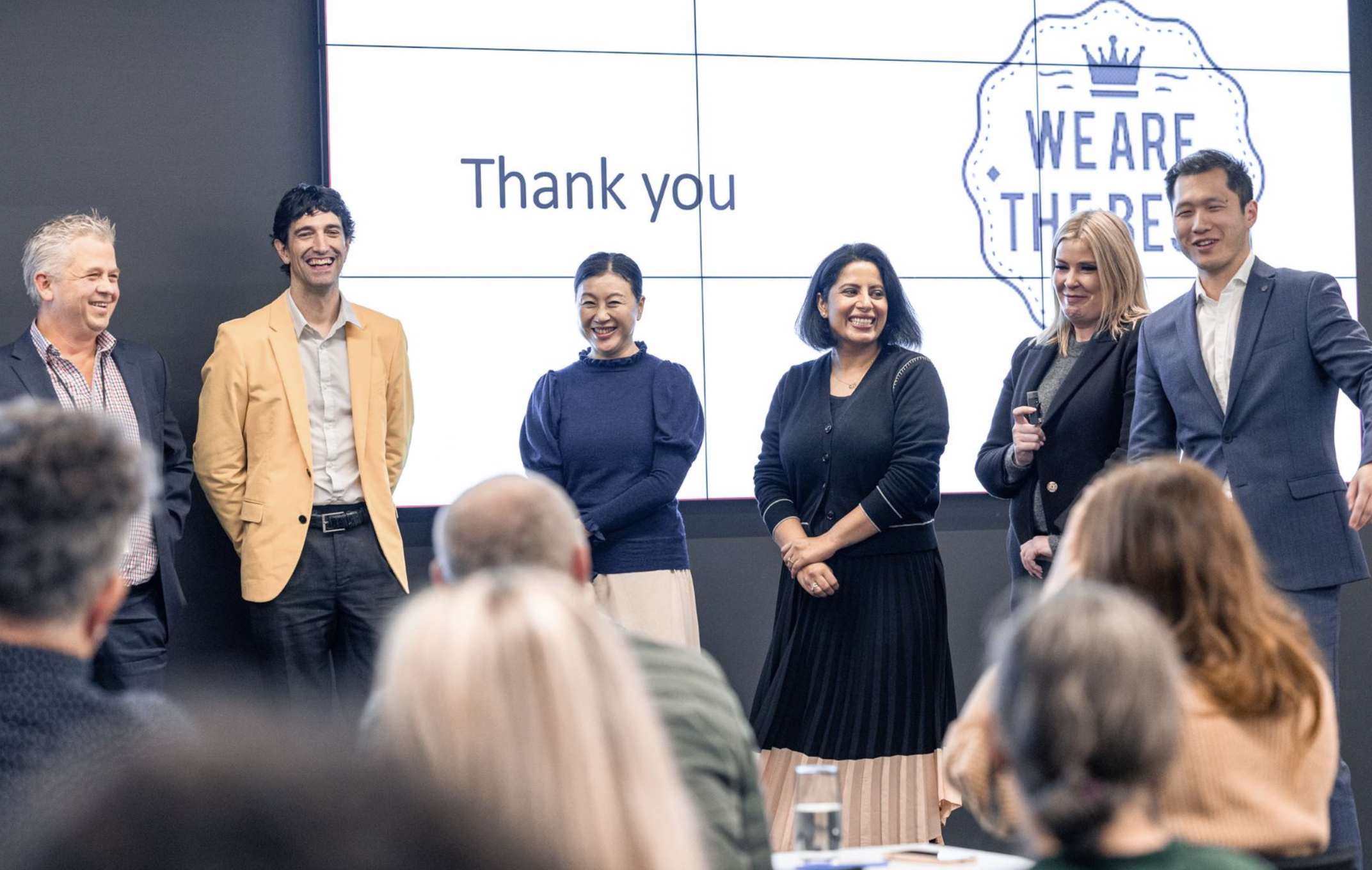Team Best members (from left to right) Brendan Rowan, Paul Williams, Polly Wu, Reet Virk, Kate McKenzie and Ray Li pitching their professional development solution 'Climb'.